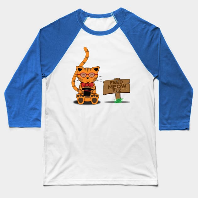 Feed Meow Plz, Funny Orange Tabby Cat Baseball T-Shirt by emojiawesome